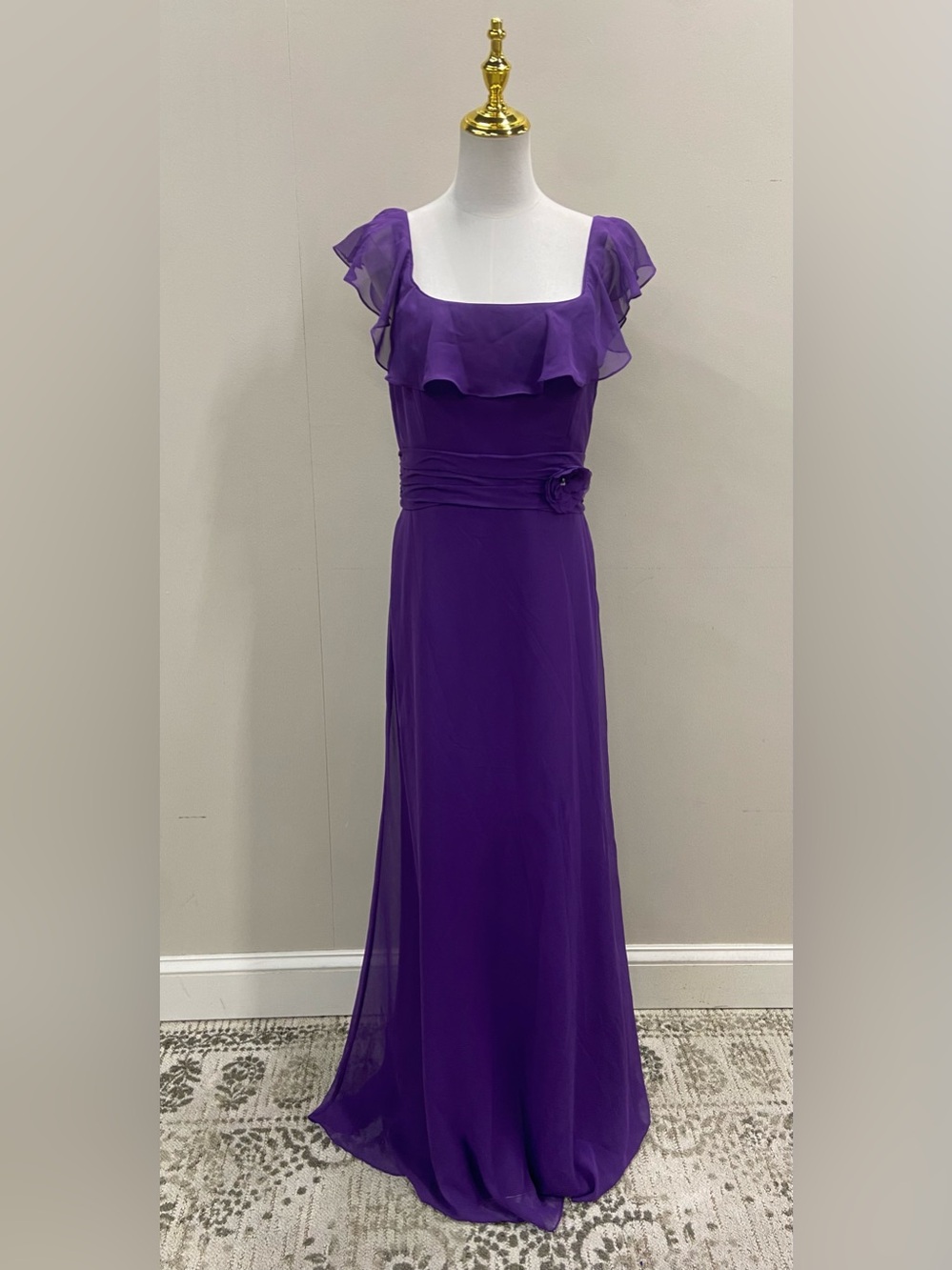 NWT Elegant Purple Ruffle-Shoulder Evening Dress